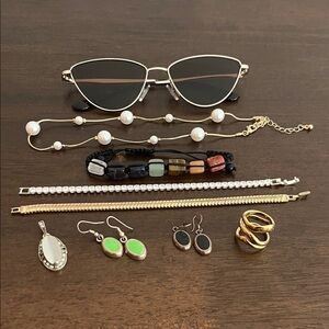 Jewelry Bundle - sunglasses, pearl necklace, crystal bracelet, earrings and more